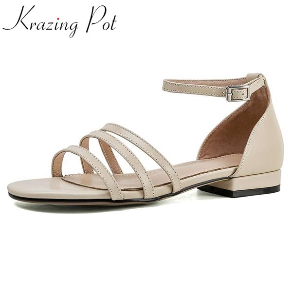 

krazing pot full grain leather peep toe low heel buckle strap french romantic young lady daily wear fashion sandals women l63, Black