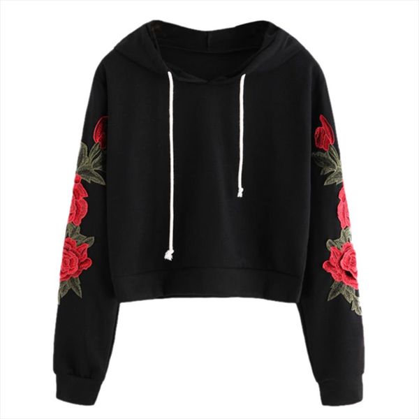 

fashion women sweatshirt 2020 hoodies rose embroidery crop hoodie long sleeve jumper hooded pullover coat casual sweatshirt top, Black