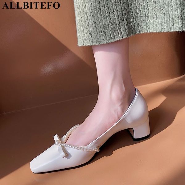 

allbitefo fashion sweet full genuine leather brand high heels wedding women shoes thick heels bowtie office ladies shoes, Black