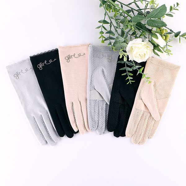 

new solid color women sunscreen gloves full finger thin and breathable driving gloves touch screen anti slip embroidered mesh, Blue;gray
