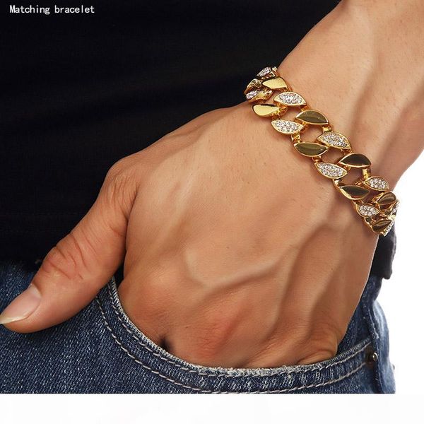 

24k solid gold plated miami cuban link shiny diamond bracelet hip hop bling jewelry hipster men wristband bangle, Black