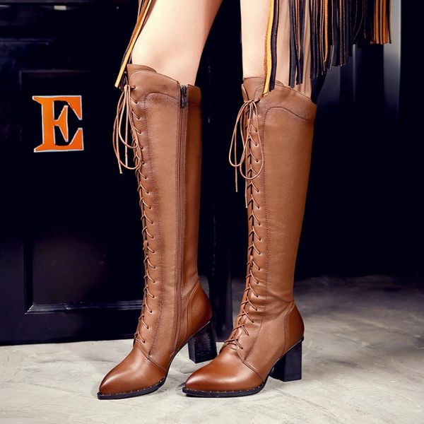 

boots women genuine leather side zipper knee high fashion cross tied comfortable square heel winter shoes black brown