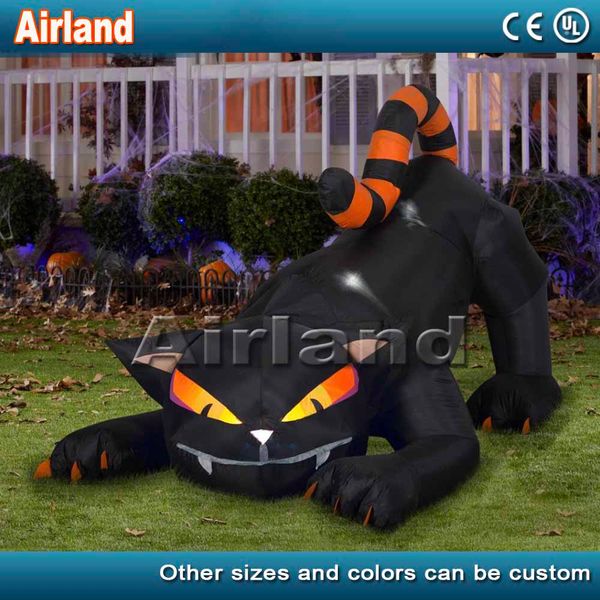 

halloween custom inflatable black cat with huge striped tail lying on the ground with led lights outdoor decoration