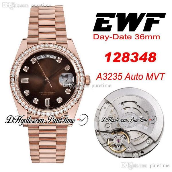 

ewf day date 128348 a3255 automatic mens watch 36mm rose gold diamond bezel dark brown dial stainless steel bracelet ptrx puretime, Slivery;brown