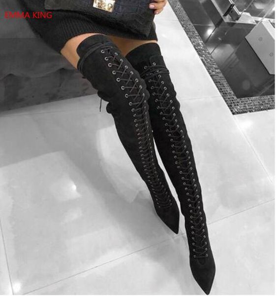 

2020 women suede boots over the knee boots lace up thigh high heels shoes woman slim long botines mujer, Black
