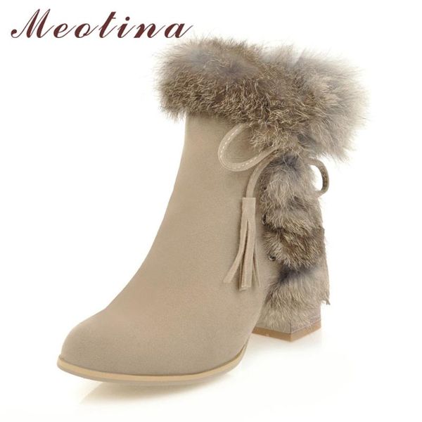 

meotina women ankle boots winter high heels fur bow thick heels short boots zipper ladies autumn shoes big size 34-43 black gray
