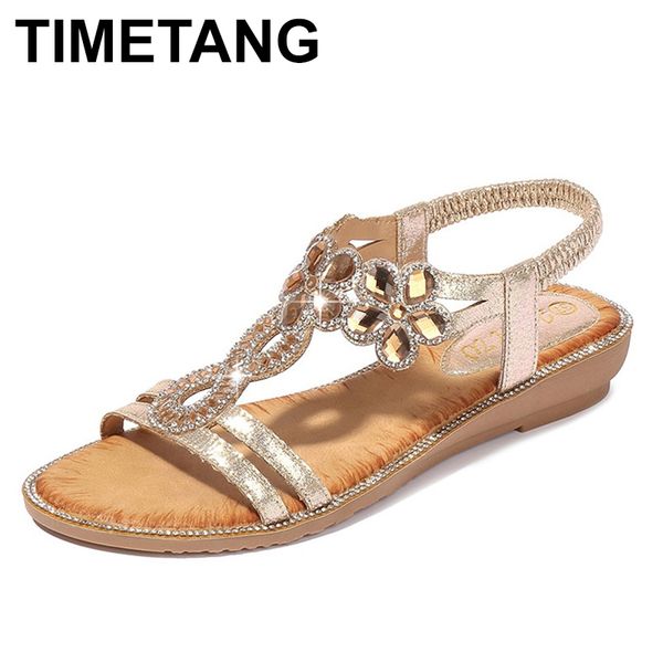 

timetang sandals woman summer bohemia big size flowers rhinestones flat heel fish mouth beach shoes casual shoes, Black