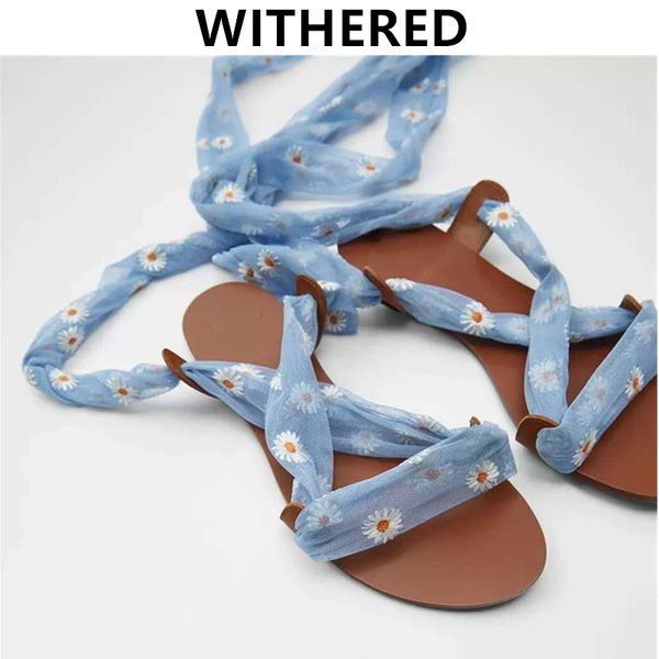 

withered women shoes women sandals 2020 summer ins blogger daisy embroidery gauze bandage flat shoes sandals woman, Black