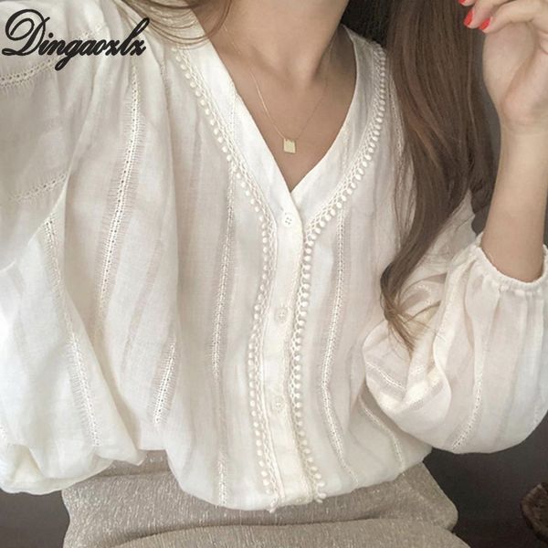 

women's blouses & shirts dingaozlz elegant v-neck lace shirt female korean fashion white blouse hollow out women