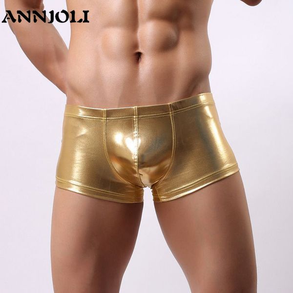 

annjoli japanned men ring boxer shorts faux leather men gold underpants leather trunks fashion male silver underwear, Black;white