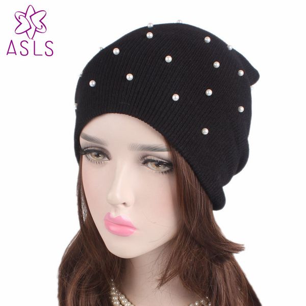 

2020new wholesale new winter hat women knitted hat pearled beaded knit beanie women cap warm bonnet beanie caps, Blue;gray