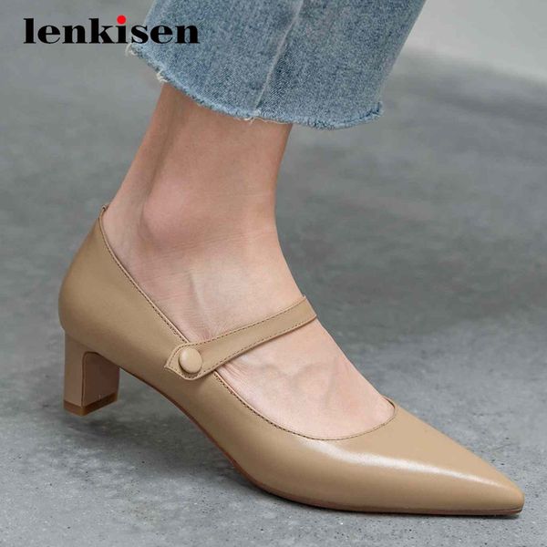 

lenkisen gladiator genuine leather high fashion pointed toe thick med heel buckle straps korean pretty girls women pumps l26, Black