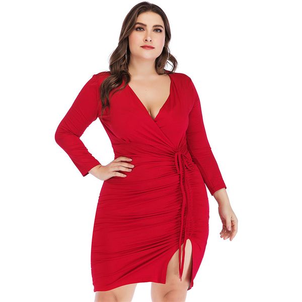 

2022 spring new plus size women's dress slit v-neck long-sleeved dress, Black;gray