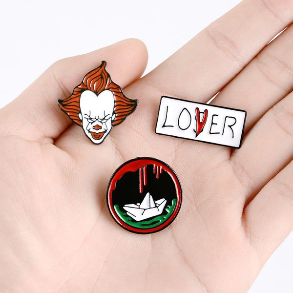 

new dark punk clown brooches lover red cartoon paper boat enamel pins creative fashion jewelry for women men backpack lapel denim badges, Gray