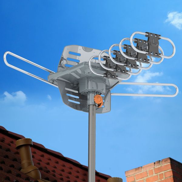 

tv 28-36db outdoor antenna amplified hdtv 1080p high gain uhf silver 100 miles 360-degree rotation without stand item