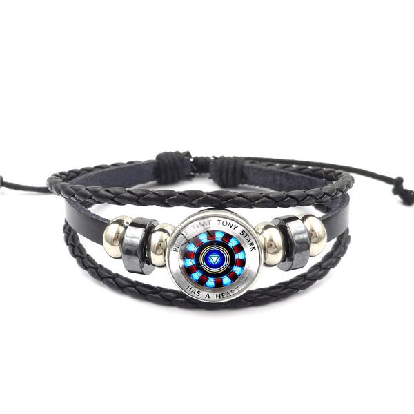 

iron man arc reactor glass buckle charm bracelet proof that has a heart multi-layer black leather braided bracelet, Golden;silver