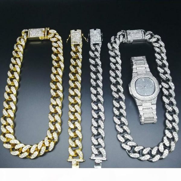 

2cm hip hop jewelry necklace crystal miami cuban chain luxury men gold silver watch&amp necklace &amp bracelet combo set for men