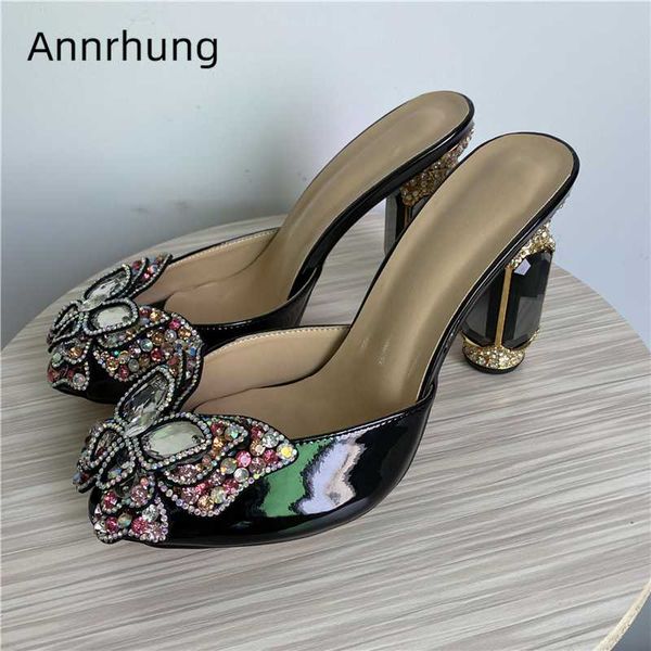 

laser crystal butterfly-flower slippers women bright patent leather jeweled rhinestone diamond heel runway shoes woman, Black