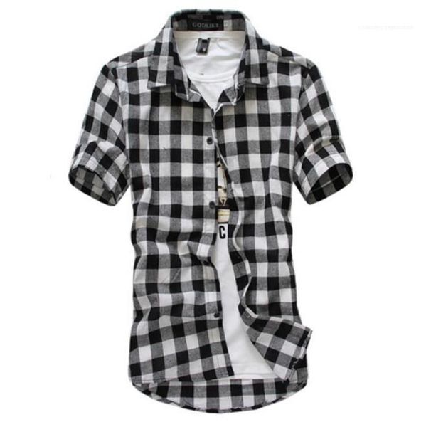 

casual fashion mens plaid short sleeve mens shirts single breasted turn down collar male clothing, White;black