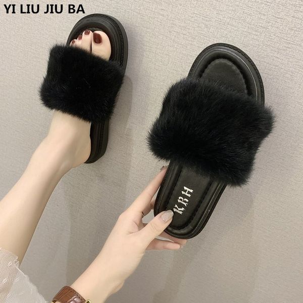 

slippers women shoes 2020 comfort fur slippers autumn plus size 35-40 home plush women flip flops indoor shoes woman, Black