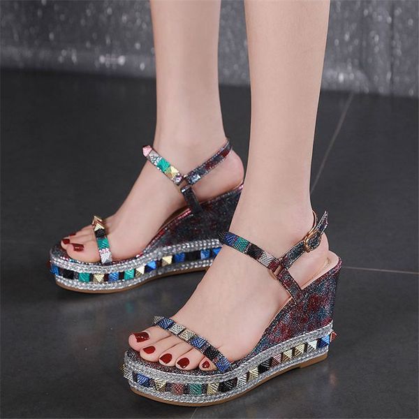 

rivet wedge shoes women sandals fashion platform sandals women high heel summer shoes high sandal, Black