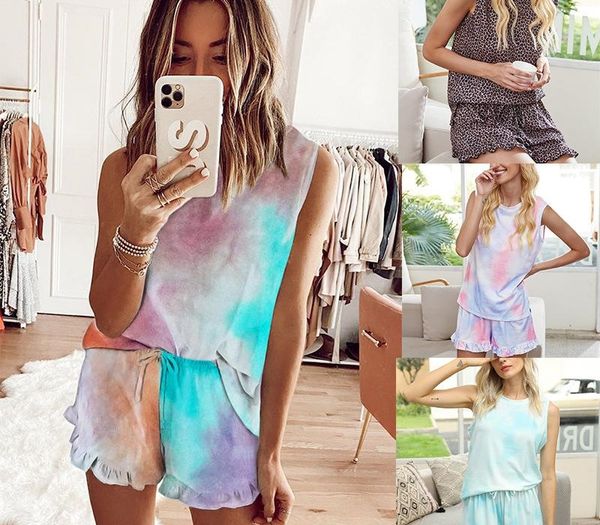 

summer style tie dyed leopard print pajamas sleeveless gradient home wear set women s clothing 2 piece set, Gray