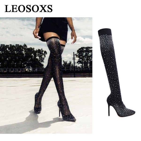 

boots women woman rhinestone knee high ladies brand sock shoes female heels girls black pointed toe slip on