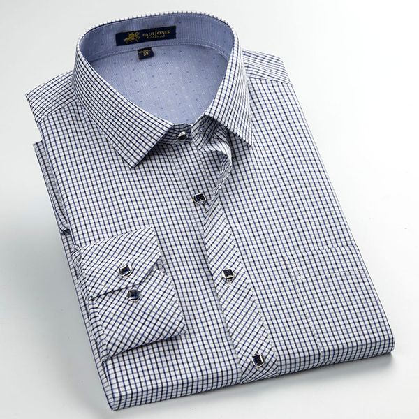 

men's long sleeve regular-fit contrast small plaid dress shirt with left chest pocket formal business work office casual shirts, White;black