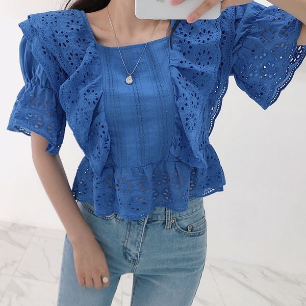 

zcwxm lace solid blouse women hollow out ruffles elegant fashion shirt 2020 summer korean chic blusas mujer short, White