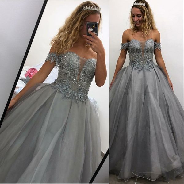 

off shoulder gray quinceanera dresses ball gown illusion lace crystal beading tulle sweet 16 formal party dress prom evening gowns, Blue;red