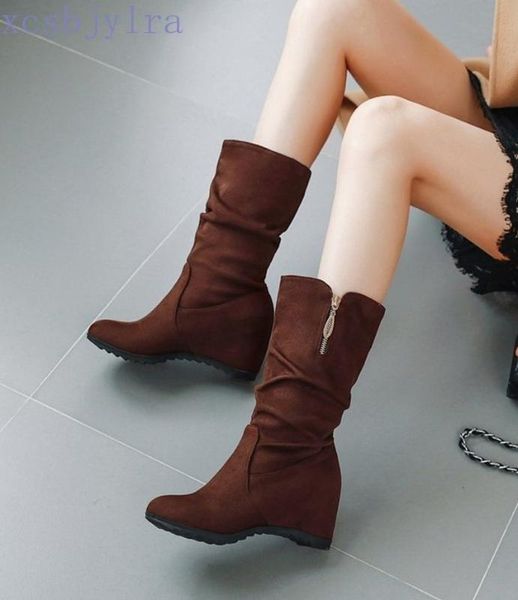 

autumn and winter round head increase within flat leisure jobs boots medium boots women's brown plus size 34-44, Black