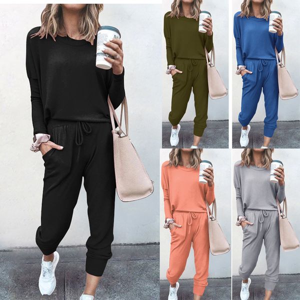 

2020 Autumn/Winter new women's Pajamas set Loose solid long sleeve and pocket warm casual women winter suit sports suit