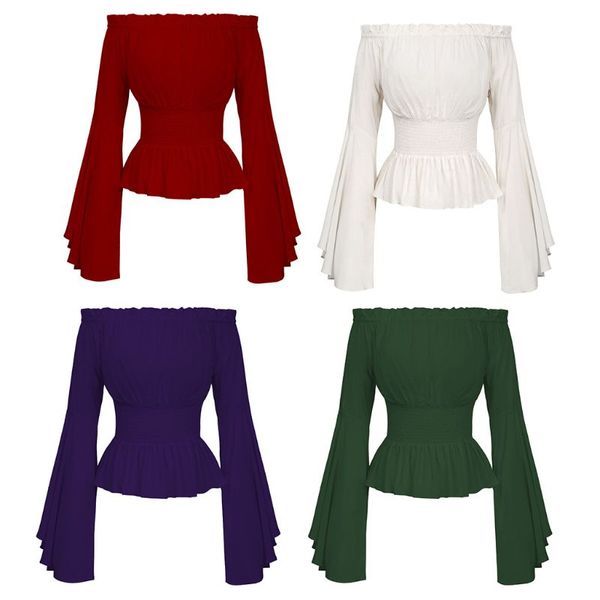 

womens gothic renaissance blouse flare sleeves ruffles off shoulder corset medieval victorian cosplay costume pirate shirt, White