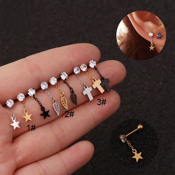 

1pc 20g stainless steel barbell with cz star leaf cross dangle cartilage earring helix screw back earrings ear piercing jewelry, Silver