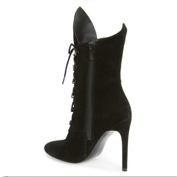 

shofoo shoes,beautiful fashion boots, suede, crisscross lace up, about 11cm high heel boots, mid- calf boots. size:34-45, Black