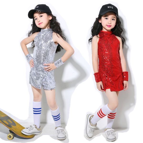 

kids girl sequin dancing red silver green crop shorts wrist sleeves socks 4pcs sets hip-hop jazz dance clothes children sets, White