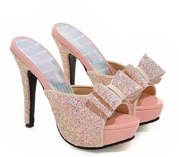 

a popular cross-border trade fashion ultra high heel slippers with thick soles, shiny bow fashion sandals holiday gift, Black