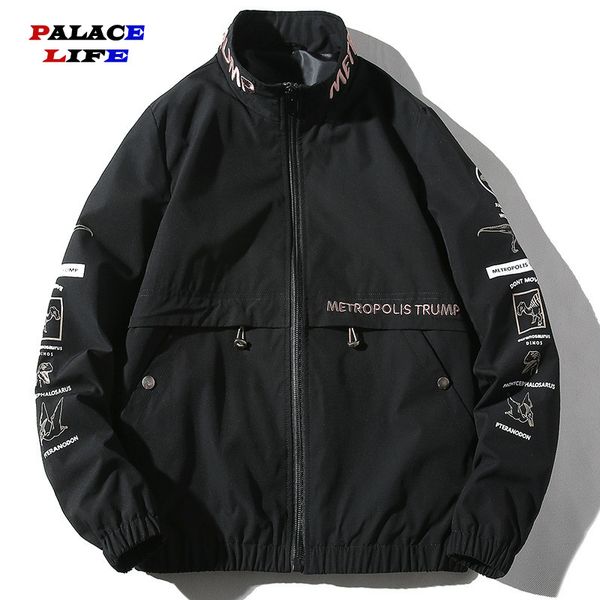 

men fashion stand jackets men's embroidered letter print casual jacket trend brand autumn japanese style solid color coat male, Black;brown