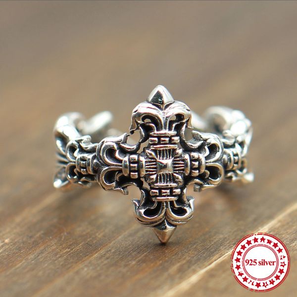 

s925 sterling silver men's ring jewelry vintage personality hollow flame crucifix punk-style couple opening ring lover's gift