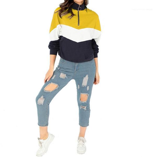 

contrast color stand collar long sleeve sweatshirts women sport casual fashion clothes womens patchwork zipper winter hoodies woman, Black