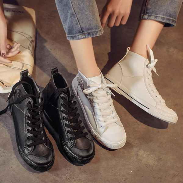 

spring solid women's shoes vulcanized sneakers women high sflats shoe lace up footwear leather walking shoes j2-77