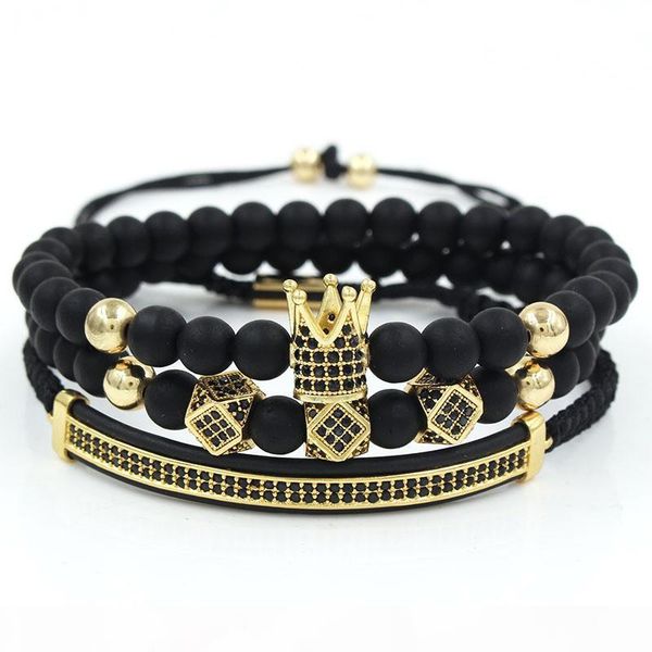 

2019 new 6mm frosted beads 3pc set bracelet micro cz crown bracelet luxury designer jewelry woven women mens bracelets gift, Black