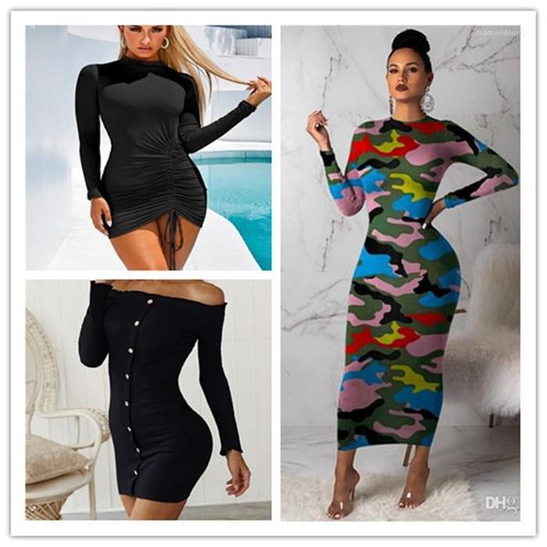 

pleated dresses womens contrast color skinny dresses fashion casual camouflage bodycon dresses long sleeve slim pullover female, Black;gray