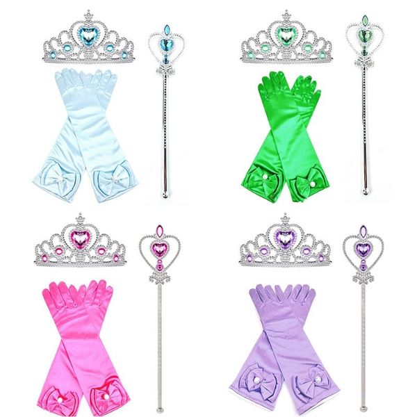 

children accessories set queen aurora rapunzel fancy costume party supplies blue green pink purple wand crown gloves outfit, Slivery;white