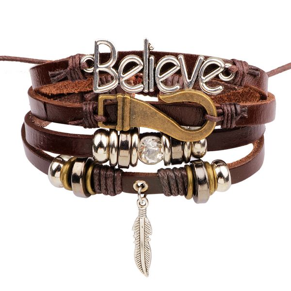 

bracelet jewelry new believe leather bracelet feather hook beaded woven leather bracelets for women & men, Black