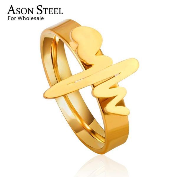 

asonsteel rings jewelry stainless steel gold/silver color heartbeat engagement rings party wholesale collier gift, Golden;silver