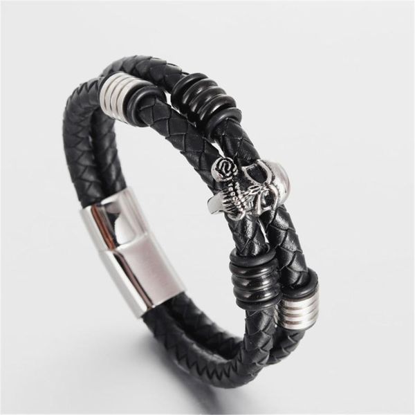 

fashion braided double layer leather bracelets rose skull bracelet punk wrap bracelet stainless steel magnetic buckle bangles, Black