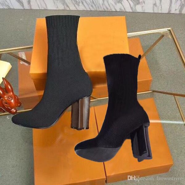

fashion women shoes autumn winter knitted elastic boots designer short boots luxury martin boots woman high-heeled shoes large size 42, Black
