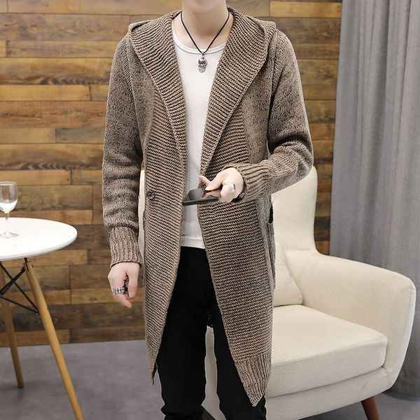 

autumn winter new men's long sweater coat solid color long sleeve hooded sweater coat outerwear male casual cardigan l51, White;black