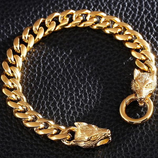 

punk massive double wolf head mens bracelet 2020 bracelets for men stainless steel chain men's hand jewellery man dropshipping, Black